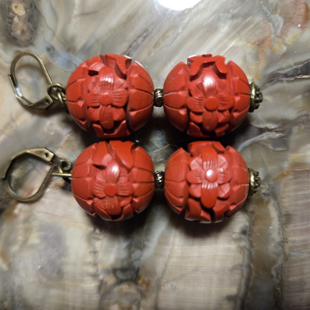 Red Floral Carved Cinnabar Earrings
